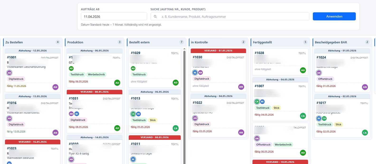 Kanban-Board einer Auftragsverwaltung