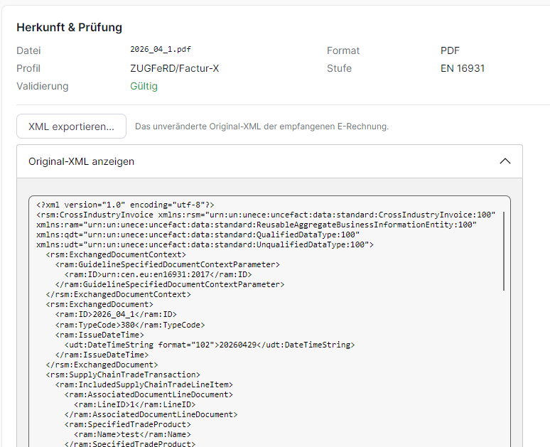 Prüfbericht mit Original-XML