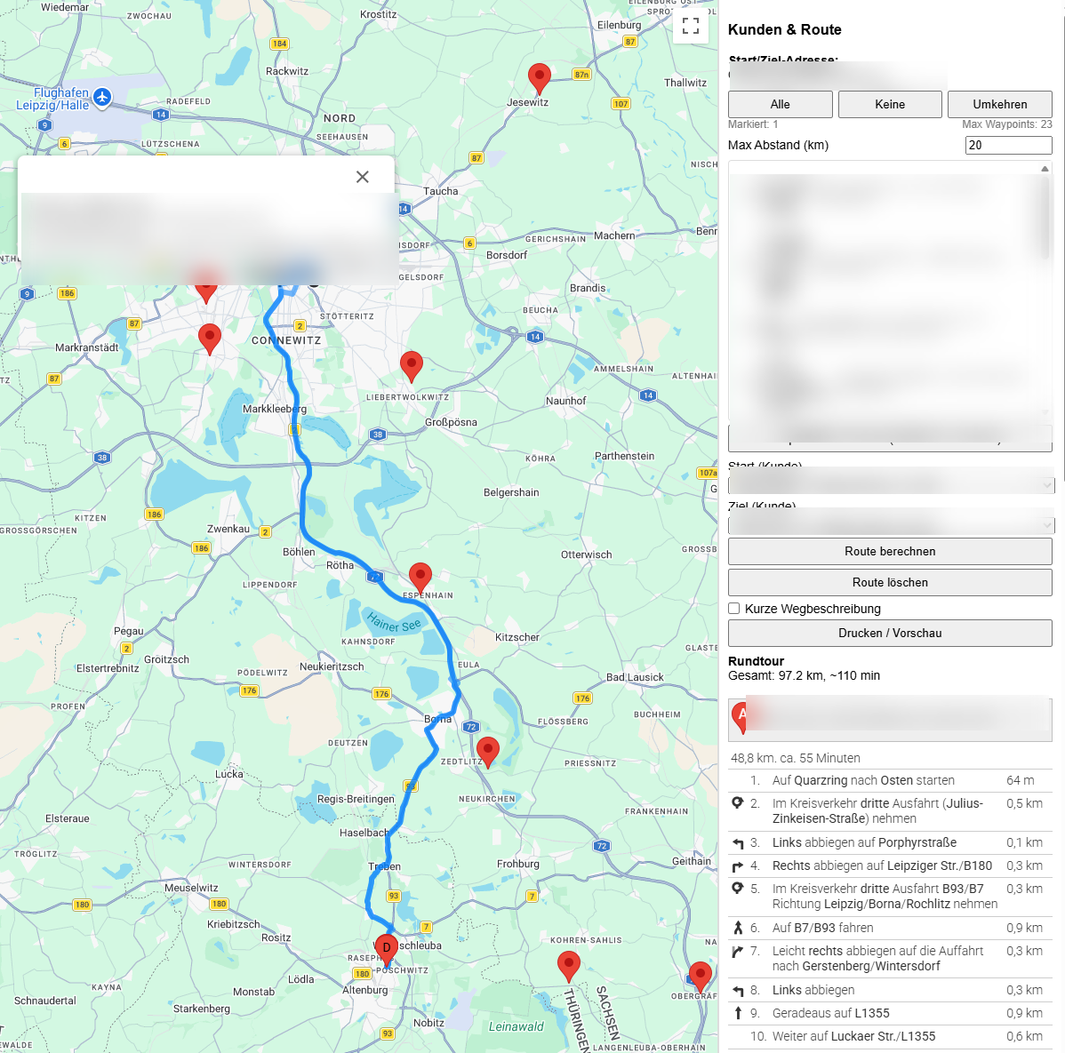 Tourenplanung: Karte mit Kunden und optimierter Route